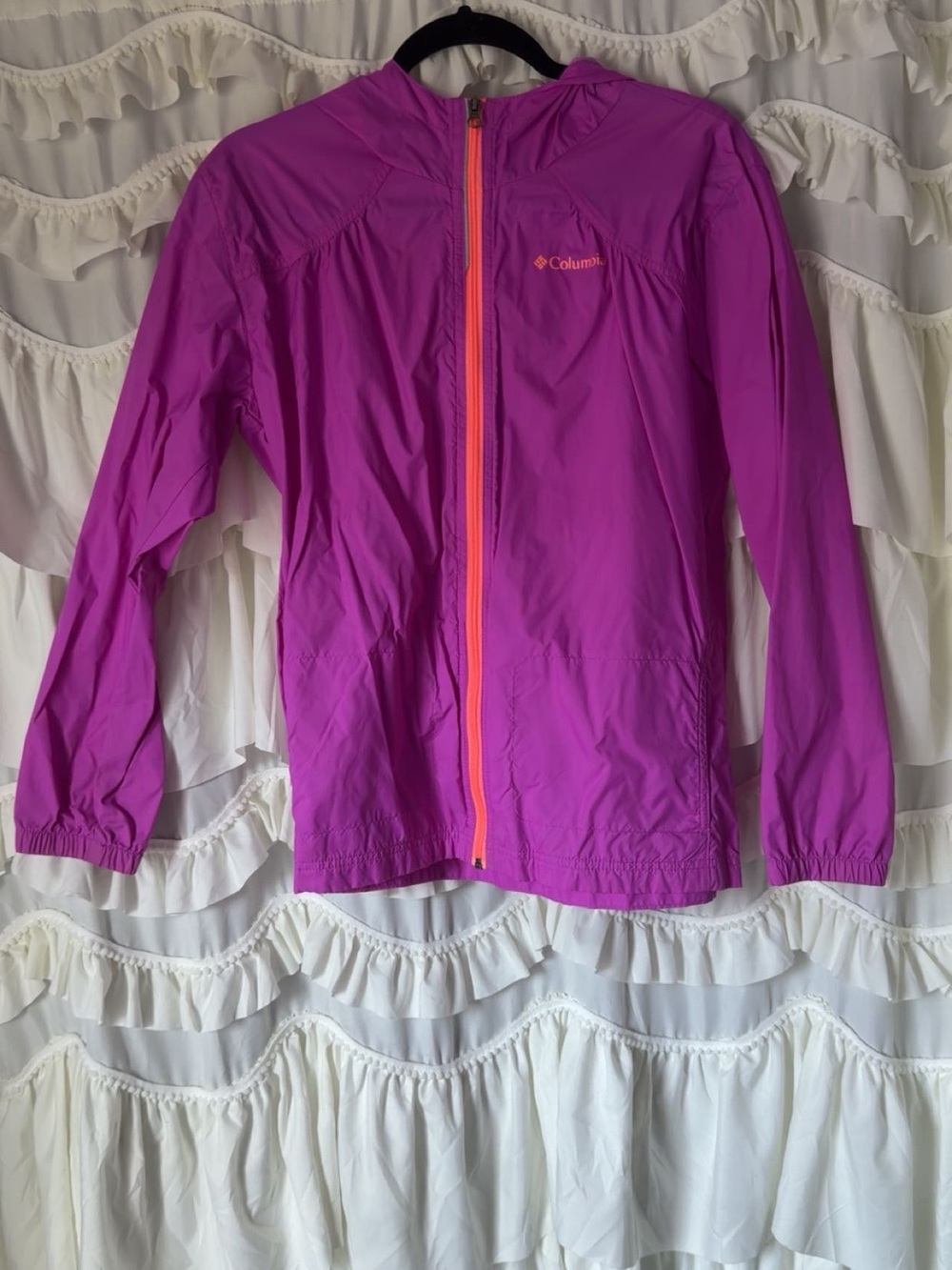 Columbia Bright Purple Hooded Kids Rain Jacket with Orange Zipper